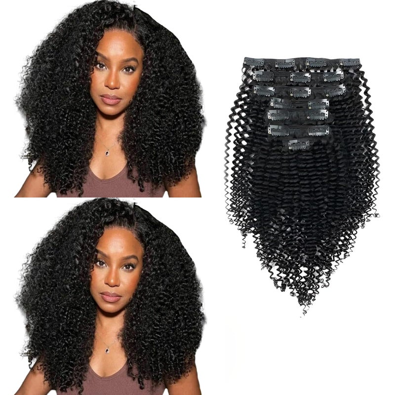 Sassina Real Thick Clip in Human Hair Extensions Kinky Curly Style 3B 3C Natural Color For African Americans Afro Kinky Curly Clip on 7Pcs-lot 120Grams-set, KC 14 Inch - Image 1